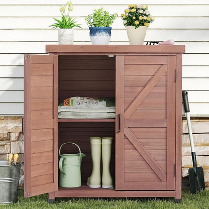 Outdoor Storage Cabinet & Potting Bench Table with Metal Top, Wooden Patio Furniture, Garden Workstation (Royal Brown, 36x31x17in)