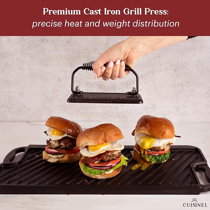 Cuisinel Grill Press - Cast Iron Burger Press for Bacon, Steak & Hamburgers - 6.75" x 4.5" Rectangular Pre-Seasoned 2.8-lb. Weight Sandwich Maker - Griddle, BBQ Accessory - Comfort-Grip Handle