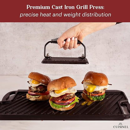 Cuisinel Grill Press - Cast Iron Burger Press for Bacon, Steak & Hamburgers - 6.75" x 4.5" Rectangular Pre-Seasoned 2.8-lb. Weight Sandwich Maker - Griddle, BBQ Accessory - Comfort-Grip Handle