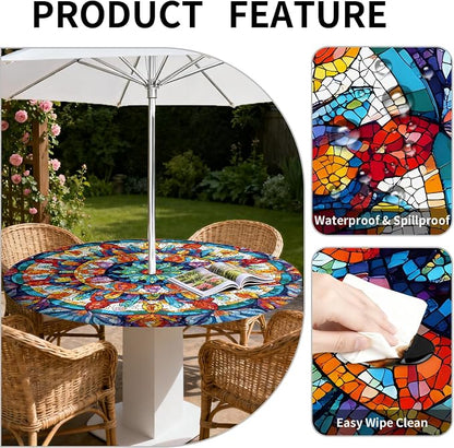 Outdoor Tablecloth with Umbrella Hole and Zipper Fits 53-60" Tables | Waterproof Round Fitted Tablecloth with Elastic Edge, Wipeable Outdoor Table Cover for Patio, Garden, Picnic