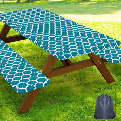 Smiry Picnic Table Cover with Bench Covers, Waterproof Elastic Fitted Tablecloth for 5 Foot Tables, Washable Polyester Tablecloths for Camping, Indoor & Outdoor (Aqua, 30x60 Inch 3-pc Set)