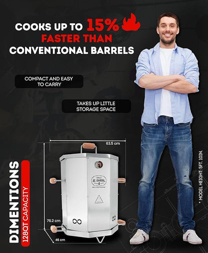 EL BARRIL 20LBS Foldable Barrel Charcoal Grill Smoker - Stainless Steel BBQ Barrel Smoker Grill with Even Heat Airflow for Juicy Tender Meat, Portable Outdoor Grill for Camping, Backyard & Tailgating