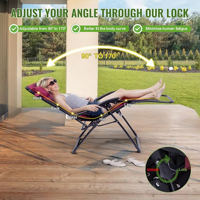 Backyard Expressions Deluxe XL Padded Recliner Zero Gravity Chair – Ergonomic Anti-Gravity Lounger with Folding Design, Side Tray, and Adjustable Headrest