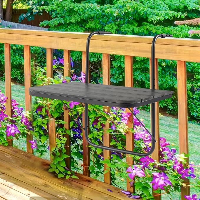Balcony Railing Table Hanging Folding Deck Railing Table Outdoor Balcony Bar Tables for Railings Hanging Patio Adjustable Aluminium 23.6"(L) x 15.7"(W) All Weather Black