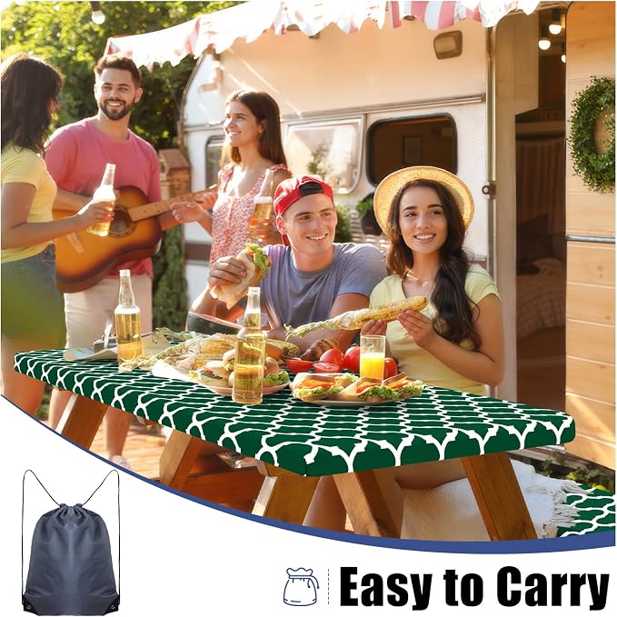 Smiry Picnic Table Cover with Bench Covers, Waterproof Elastic Fitted Tablecloth for 5 Foot Tables, Washable Polyester Tablecloths for Camping, Indoor & Outdoor (Emerald Green, 30x60 Inch 3-pc Set)
