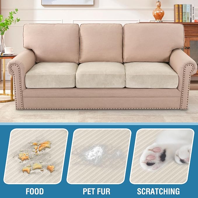 H.VERSAILTEX Velvet Stretch Couch Cushion Cover Plush Cushion Slipcover for Chair Loveseat Sofa Cushion Furniture Protector Seat Cushion Sofa Cover (3 Piece XL Sofa Cushion Covers, Ivory Striped)