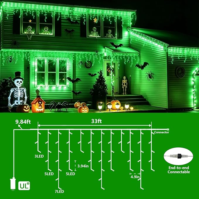 YEGUO 33ft 400 LED Icicle Lights for Outside, 80 Drops Halloween Lights Connectable, 8 Modes Icicle String Light with Memory(Green)