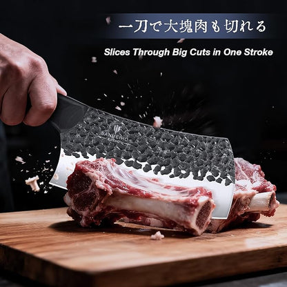 8 PCS Butcher Knife Set, Japanese Kitchen Knife Set, Hand Forged Chef Knife Set with Leather Roll Bag, Sharp Meat Cleaver Knife for Kitchen & Hunting & Camping & BBQ, Best Gift for Men