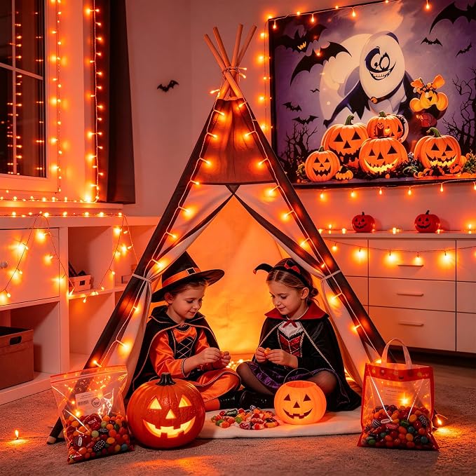 JMEXSUSS Orange String Lights for Halloween, 600 LED Fall Lights Outdoor | Orange Christmas Lights Plug in with Remote, Thanksgiving Day Lights Clear Wire for Indoor Room Yard Tree Fall Decor