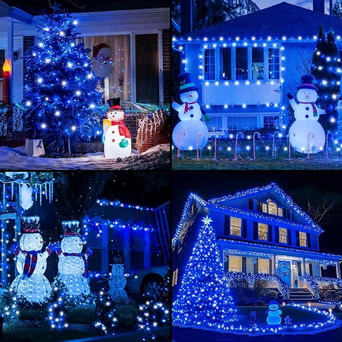 QITONG 2 Pack Blue and White Solar Christmas Lights, Each 66ft 200 LED Solar String Lights Outdoor Waterproof, 8 Modes Solar Twinkle Light for Outside