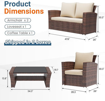 Wisteria Lane 4 Piece Patio Furniture Set, Wicker Outdoor Patio Conversation Furniture Set, All Weather Outdoor Patio Sofa with Cushion and Wood Table, Brown and Beige
