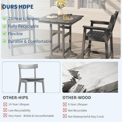 Garvee 3-Piece Outdoor Adirondack Bar Set, Patio Bar Table with 2 Bar Chairs, HDPE All-Weather Patio Bar Furniture Set with Umbrella Hole, for Balcony, Backyard, Poolside, Bistro