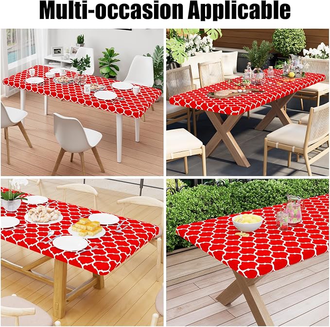 Smiry Picnic Fitted Table Cover, 6 Foot Flannel Backed Vinyl Tablecloth | Waterproof Elastic Stretch Table Cloth, Wipeable Plastic Tablecloth for Camping, Indoor & Outdoor (Red, 42" x 72")