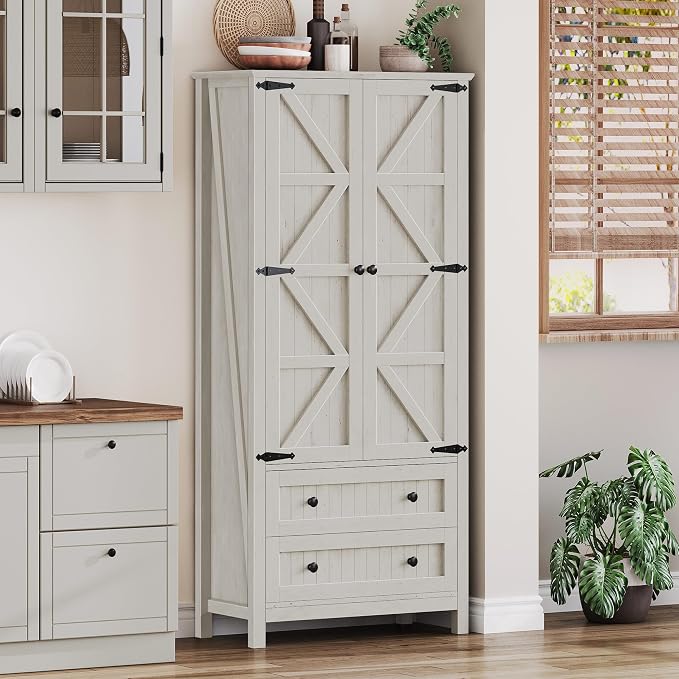DWVO 64.5" Pantry Cabinet with Barn Doors, 2 Drawers & Shelves, Off White | Farmhouse Storage Cupboard for Dining Room, Living Room, and Bathroom