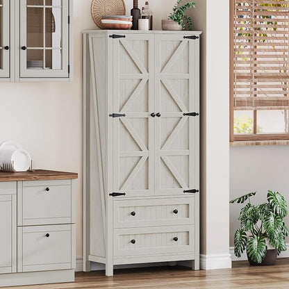 DWVO 64.5" Pantry Cabinet with Barn Doors, 2 Drawers & Shelves, Off White | Farmhouse Storage Cupboard for Dining Room, Living Room, and Bathroom