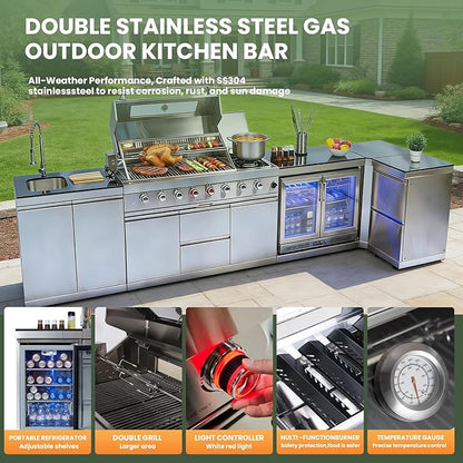 Outdoor Kitchen Island, Natural Gas Grill with Standalone Side Burner Island, 96,000 BTU BBQ Grill with Sink, Refrigerator, Granite Countertop, Grill Cart & Storage Drawers Silver+153in