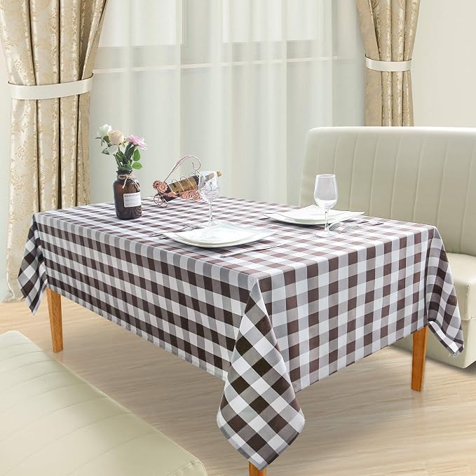 Hiasan Checkered Tablecloth Rectangle - Stain Resistant, Waterproof and Washable Table Cloth Gingham for Outdoor Picnic, Holiday Dinner, 60 x 102 Inch, Coffee and White