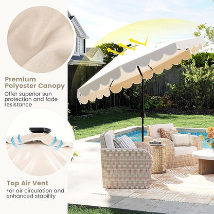 Tangkula 9 FT Solar Patio Umbrella, 2-Tiers Scalloped Outdoor Table Market Umbrella with 32 LED Lights, Vented Top, Tilt Adjustment, Crank, 8 Ribs for Backyard Poolside Deck Beach Lawn (Beige)