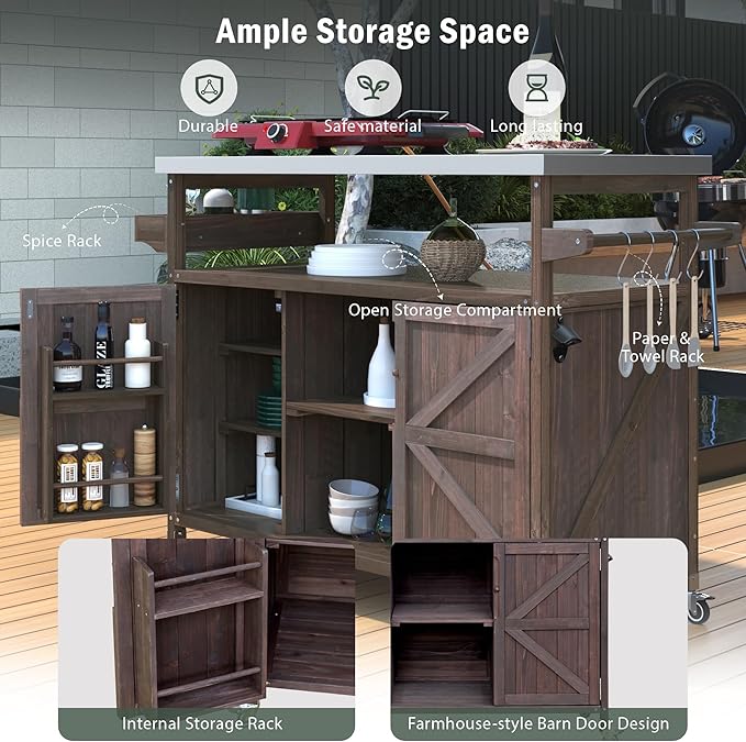 Ball & Cast Outdoor Kitchen Island,Rolling Bar Cart & Storage Cabinet,Farmhouse Solid Wood Outdoor Grill Table with Stainless Steel Top,Spice and Towel Rack,for Kitchen,Barbecue,Dark Brown,50.25"