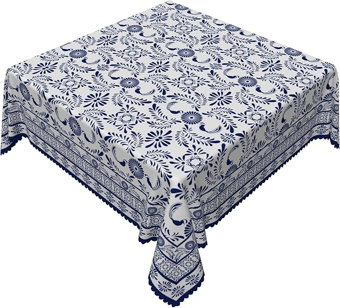 Ethnic Floral Square Table Cloths 60x60 Inch Blue Flowers Plants Chic Wrinkle Oil-Proof Resistant Table Cover Folk Style Tablecloths for Indoor Outdoor Kitchen Dining Party Restaurant