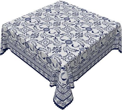 Ethnic Floral Square Table Cloths 60x60 Inch Blue Flowers Plants Chic Wrinkle Oil-Proof Resistant Table Cover Folk Style Tablecloths for Indoor Outdoor Kitchen Dining Party Restaurant