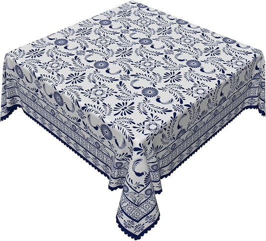 Ethnic Floral Square Table Cloths 60x60 Inch Blue Flowers Plants Chic Wrinkle Oil-Proof Resistant Table Cover Folk Style Tablecloths for Indoor Outdoor Kitchen Dining Party Restaurant