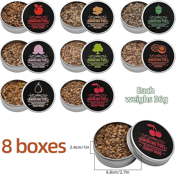 Smoking Wood Chips Cocktail Smoker, 8 Flavors Natural Wood Chips Including Cherry, Apple, Hickory, Beech, Pear, Walnut, Peach, Oak, Sawdust for Husband Father's Gift Smoke Gun Cocktails Drinks Food