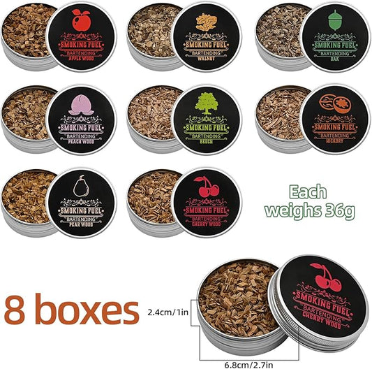 Smoking Wood Chips Cocktail Smoker, 8 Flavors Natural Wood Chips Including Cherry, Apple, Hickory, Beech, Pear, Walnut, Peach, Oak, Sawdust for Husband Father's Gift Smoke Gun Cocktails Drinks Food