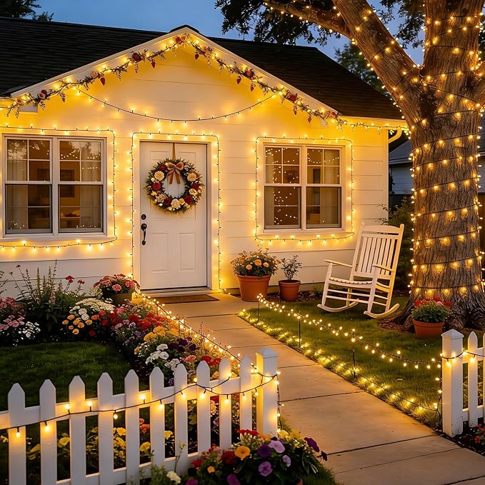 YEGUO Solar String Lights Outdoor Waterproof, 2 Packs Each 33ft 100 LED Warm White Lights, 8 Modes Twinkle Light for Christmas Tree Outside Garden Yard Xmas Decor