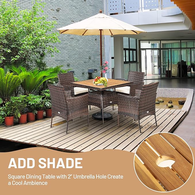HAPPYGRILL 5 Pieces PE Wicker Patio Dining Set with Table and Chairs with Cushions, Outdoor Patio Furniture Set for Deck, Garden and Backyard (Brown Beige & Wood)