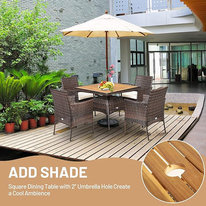 HAPPYGRILL 5 Pieces PE Wicker Patio Dining Set with Table and Chairs with Cushions, Outdoor Patio Furniture Set for Deck, Garden and Backyard (Brown Beige & Wood)