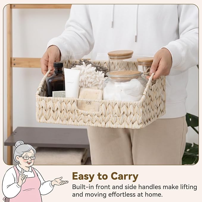 GRANNY SAYS Wicker Storage Baskets for Shelves, Large Wicker Basket with Handles, Trapezoid Woven Baskets for Storage, Decorative Basket for Home Decor, Butter Milk