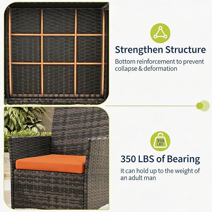 3-Piece Outdoor Furniture Set, PE Rattan Wicker Chairs with Soft Cushions & Tempered Glass Coffee Table - All-Weather Patio Set for Garden, Backyard, Porch, Poolside (Brown/Orange)