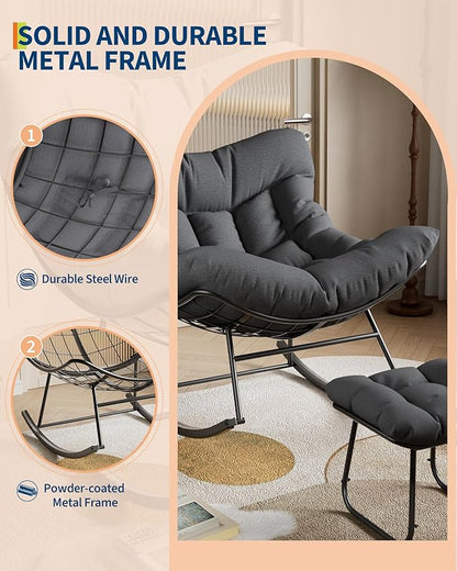 GarveeLife Oversized Papasan Rocking Chair with Footrest, Outdoor Lounge Chair with Ottoman and Sturdy Metal Frame, Patio Egg Rocker for Balcony Backyard Porch Bedroom, Grey