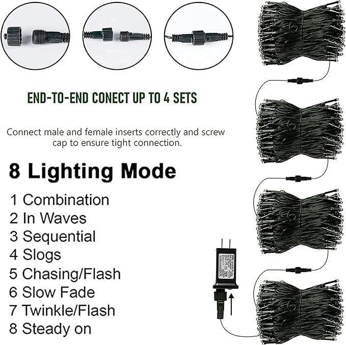 TW SHINE Green Christmas Lights, 200 LED 66FT Outdoor Christmas Lights Plug in with 8 Modes, Waterproof Green Wire St. Patrick's Day Light Outdoor, Indoor Xmas Decorations for Party Yard Room Decor