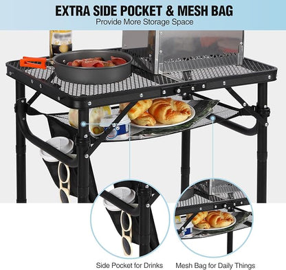 Folding Grill Table, Lightweight Height Adjustable Aluminum Table with Mesh Desktop and Mesh Bag for Outdoor Camping Picnic BBQ, Small 2 Feet, Black