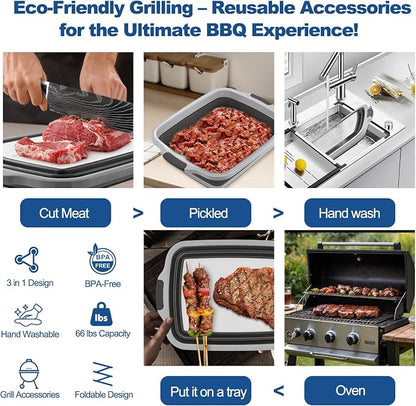 (30L/ 8 Gal) XXL BBQ Prep Tub Collapsible with Cutting Board & Lid Large Capacity 66 bl,Meat Marinating Basin,Bus Tub,Grill Prep Container,Suitable for Kitchen and Outdoor Organization Storage