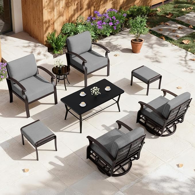 ALAULM Aluminum Patio Furniture Set with Coffee Table Rectangular, 6-seat Outdoor Sectional Furniture w/Swivel Chairs and 2 Ottomans, Patio Conversation Set for Porch, Backyard, Poolside-Grey