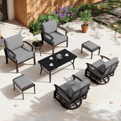 ALAULM Aluminum Patio Furniture Set with Coffee Table Rectangular, 6-seat Outdoor Sectional Furniture w/Swivel Chairs and 2 Ottomans, Patio Conversation Set for Porch, Backyard, Poolside-Grey