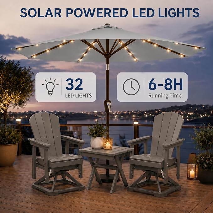 10FT Solar Patio Umbrella with Lights, Outdoor Table Market Umbrella with 32 LED Lights, 8 Sturdy Ribs, Push Button Tilt and Crank for Pool, Deck and Garden, UV-Resistant