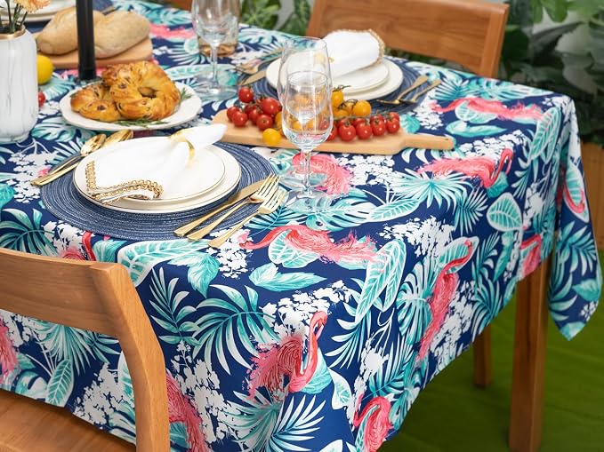 YiHomer Indoor Outdoor Tabletop for Spring Summer Decorations, Picnics and Dinner Parties - Stain and Water Resistant, Flamingo Dancing, Zipper Tablecloth, 60 x 120 Rectangle with Umbrella Hole