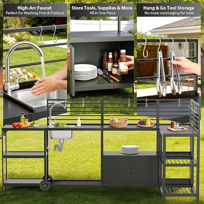 LEVELEVE Modular Outdoor Kitchen Island 5-Piece Set, Aluminum Outdoor Prep Station Grill Cart with Independent Sink, Storage Cabinets & Shelves for Backyard Patio Deck