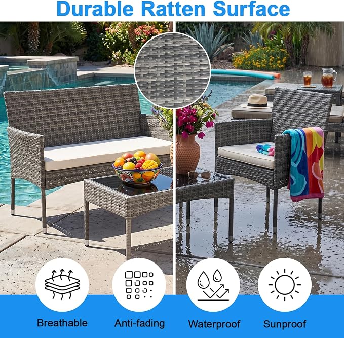 FDW Outdoor Patio Furniture Set Wicker Patio Set PE Rattan Furniture Bistro Set for Outdoor Indoor Use with Loveseats Coffee Table, Khaki Cushions, 4 Pieces