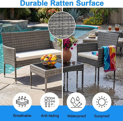 FDW Outdoor Patio Furniture Set Wicker Patio Set PE Rattan Furniture Bistro Set for Outdoor Indoor Use with Loveseats Coffee Table, Khaki Cushions, 4 Pieces