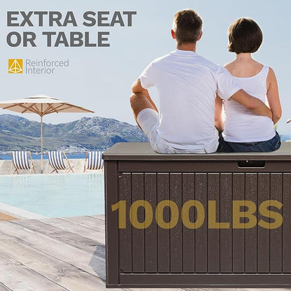 DWVO 320 Gallon Double-Wall Deck Box with Divider, XXL Extra Large Resin Outdoor Storage Box, Lockable & Waterproof, Double as Seating, 1000lbs Capacity (Brown)