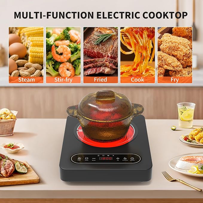 GIHETKUT Single Burner Electric Cooktop,110V 1800W Electric Stove Top with LED Touch Control,10 Power Levels, 4 hTimer, Safety Lock,single electric burner Overheat protection