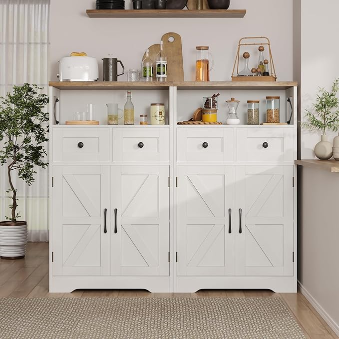 Befrases Set of 2 Farmhouse Storage Cabinet with Barn Doors and Drawers, Freestanding Kitchen Pantry, Floor Storage Cabinet Hutch Cupboard for Kitchen, Laundry, Living Room, White