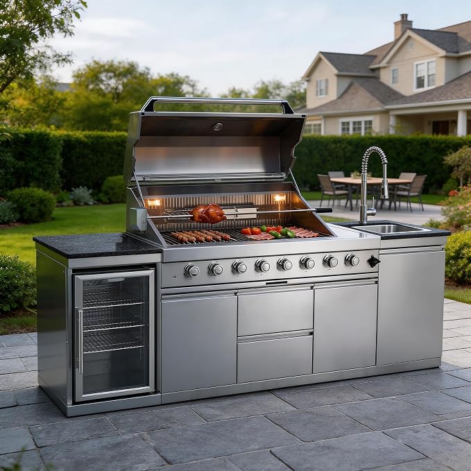 96-Inch 6-Burner Propane Gas Outdoor Grill Island, 85000 BTU 304 SS BBQ with Wine Cooler, Rotisserie, Granite Countertops for Patio Backyard, Silver