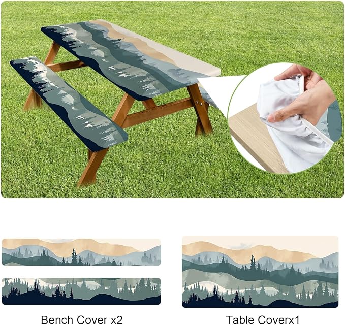 FOREVER QUEEN Picnic Table Cover with Bench Covers 72in,Waterproof Windproof Fitted Tablecloth,Mountain Forest Landscape Print Camping Essentials with Drawstring Bag for Patio,Park & Backyard