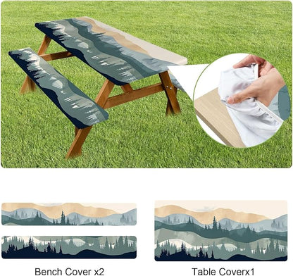 FOREVER QUEEN Picnic Table Cover with Bench Covers 72in,Waterproof Windproof Fitted Tablecloth,Mountain Forest Landscape Print Camping Essentials with Drawstring Bag for Patio,Park & Backyard